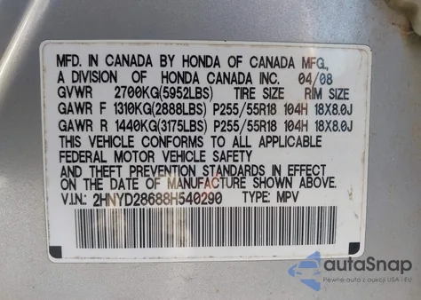 2008 Acura Mdx Technology Package from USA, damaged, VIN 2HNYD28688H540290